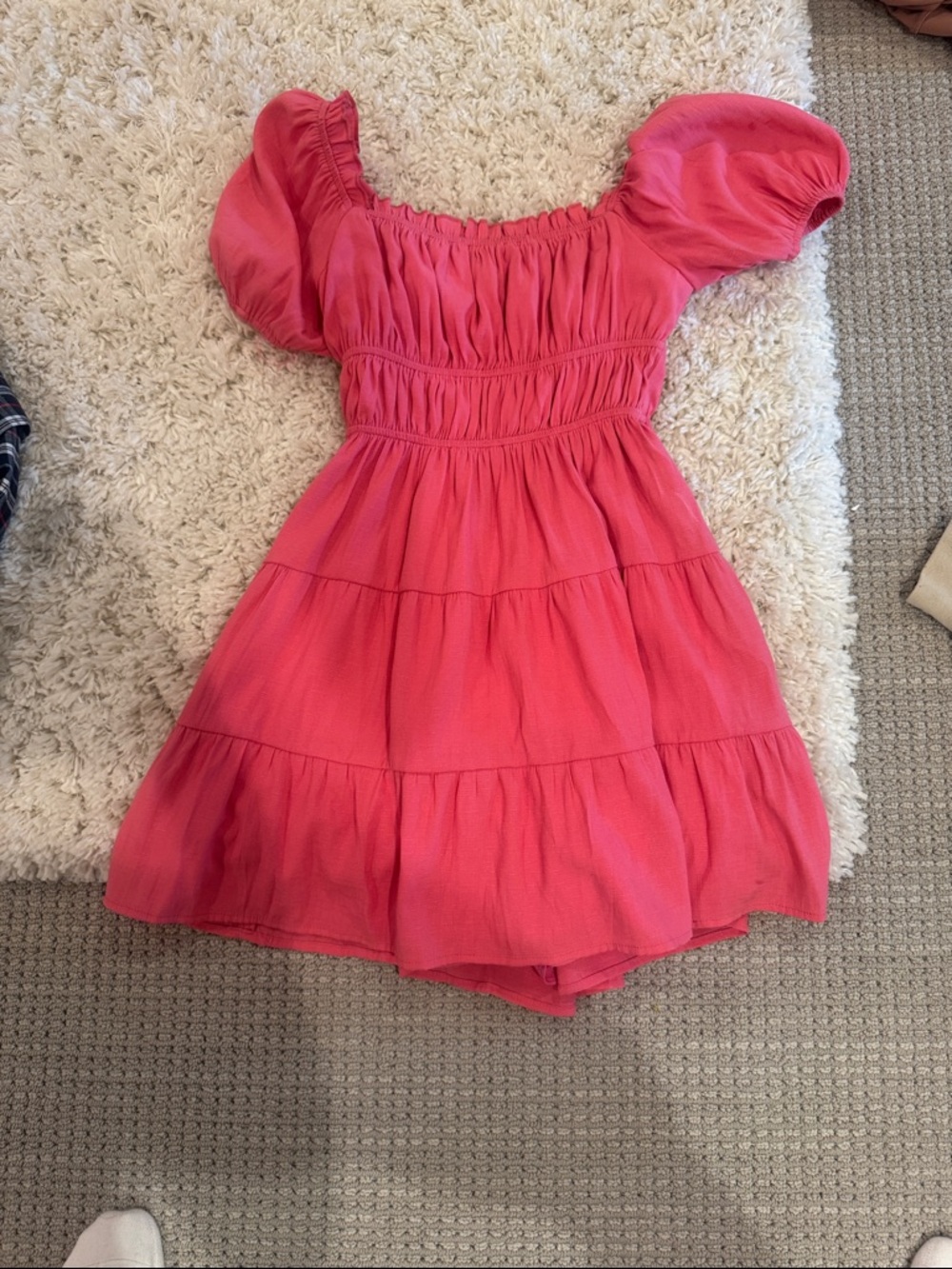 Girls Pink Puff-Sleeve Tiered Dress